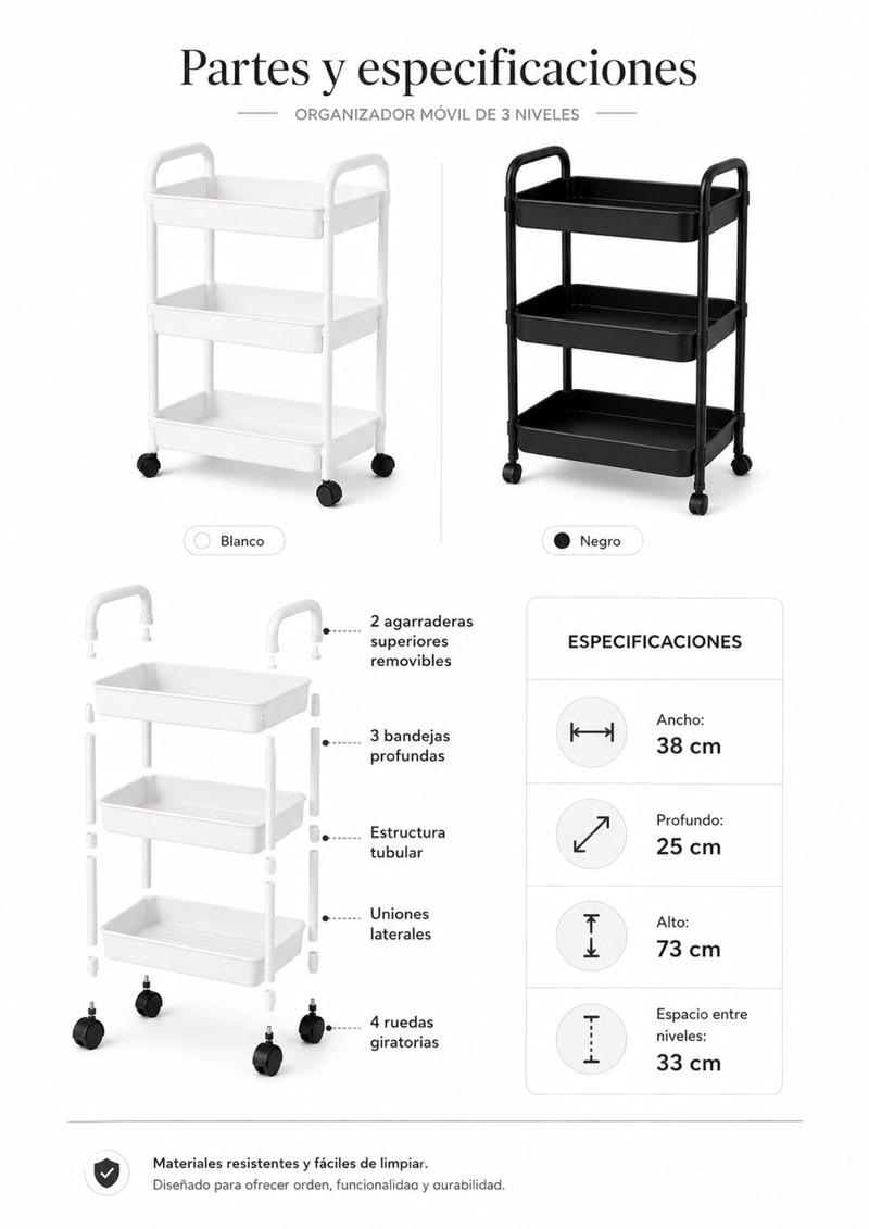 ORGANIZADOR CON RUEDA 3 NIVELES PARA DETERGENTES BLANCO PLASTICO 800 - 7