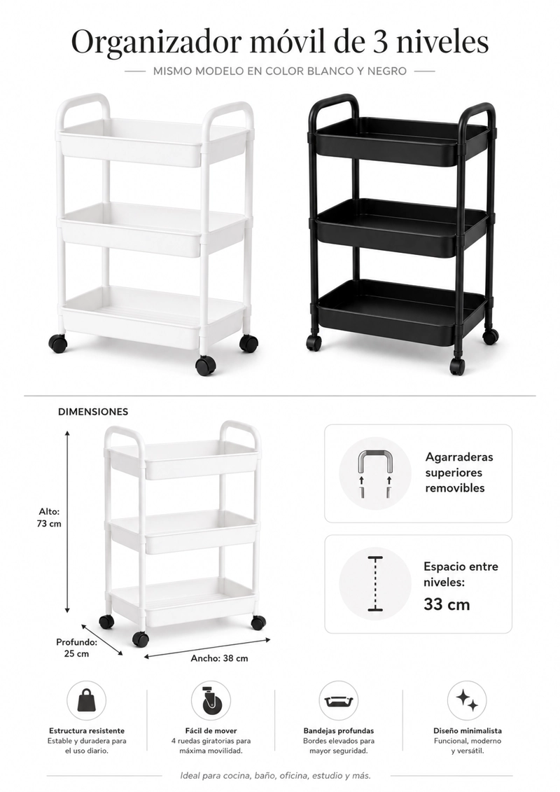 ORGANIZADOR CON RUEDA 3 NIVELES PARA DETERGENTES BLANCO PLASTICO 800 - 8
