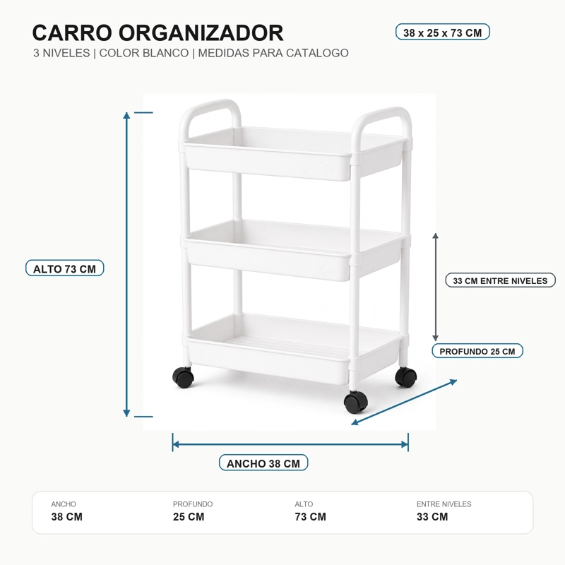ORGANIZADOR CON RUEDA 3 NIVELES DORMITORIO NEGRO PLASTICO - 6