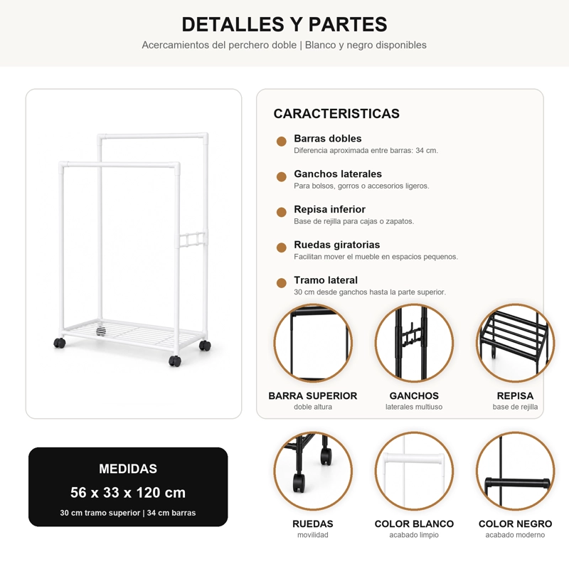 PERCHERO PLEGABLE METALICO  PARA ROPA 120 CM BLANCO 027 - 5