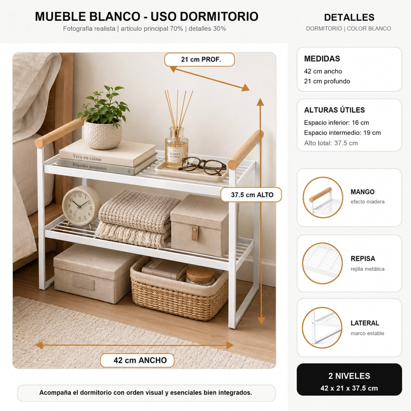 ESTANTE AUXILIAR DE METAL 2 NIVELES BLANCO PLANTA 125 - 4