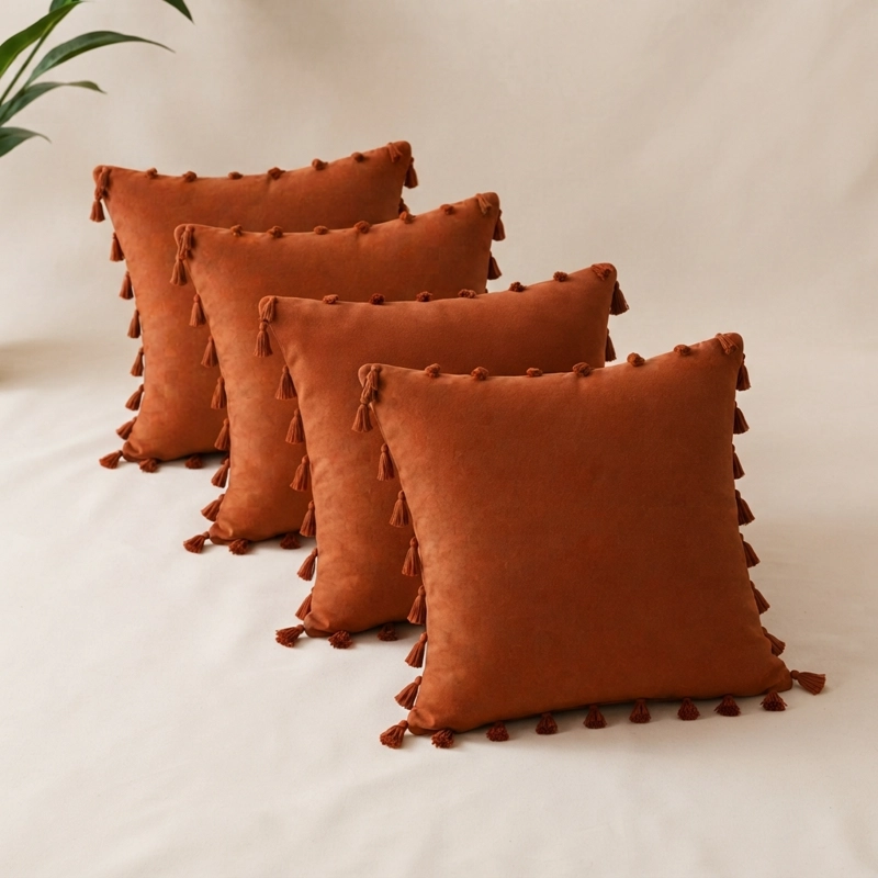 SET 4 FUNDAS DE COJIN CUADRADAS 45X45 CM COLOR MARRON CON BORLAS - 2