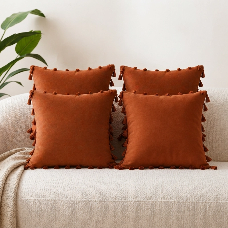 SET 4 FUNDAS DE COJIN CUADRADAS 45X45 CM COLOR MARRON CON BORLAS - 3