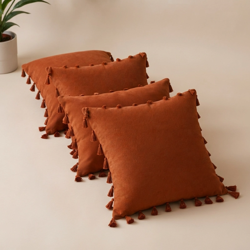 FUNDAS PARA COJIN DECORATIVAS 45X45 CM MARRON PACK 4 UNIDADES CON BORLAS - 2