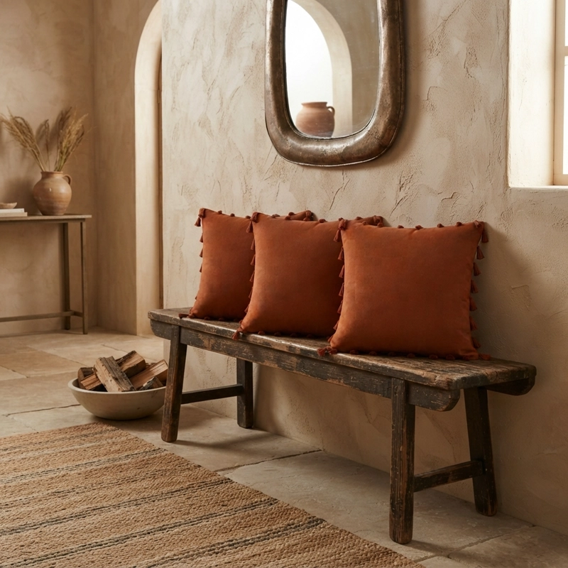 SET 3 FUNDAS DE COJIN POLIE STER 45X45 CM COLOR MARRON CON BORLAS - 1