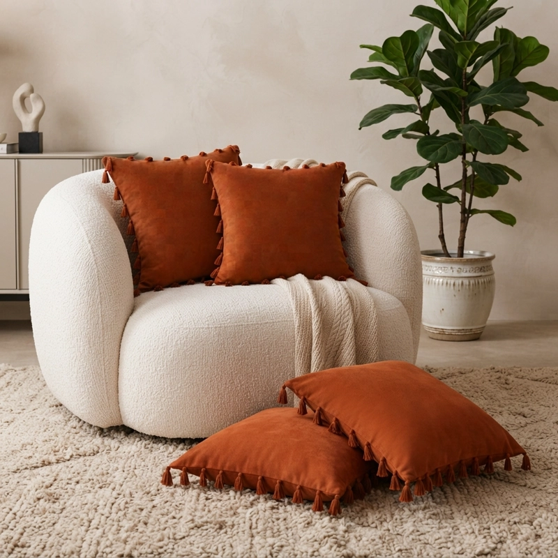 FUNDAS PARA COJIN CUADRADAS 45X45 CM PACK 4 UNIDADES MARRON CON BORLAS - 7