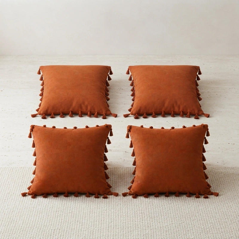 PACK 4 FUNDAS DE COJIN DECORATIVAS MARRON 45X45 CM CON BORLAS - 2