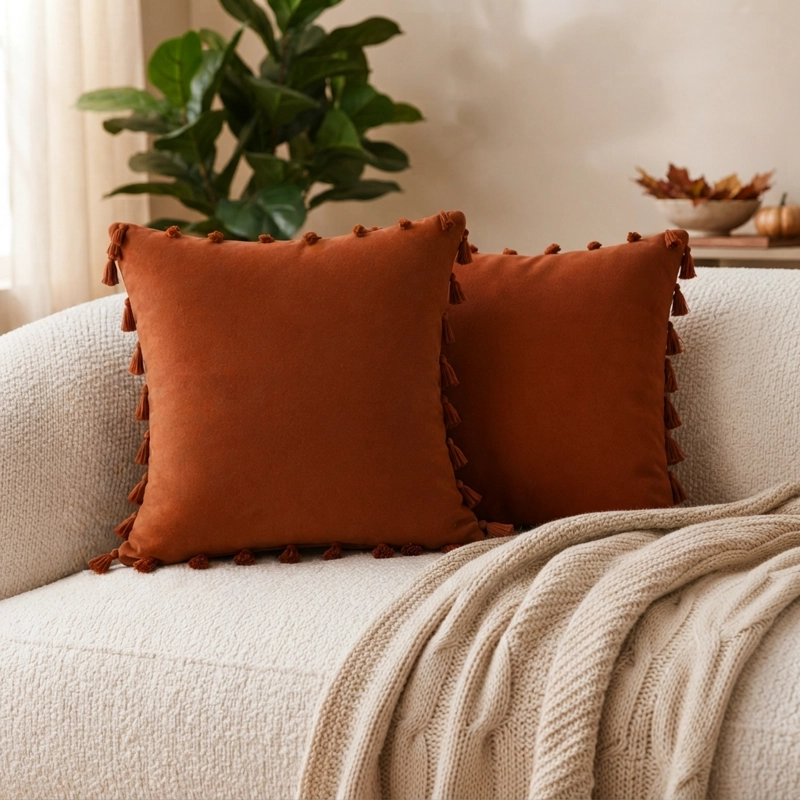 FUNDAS DECORATIVAS PARA COJIN 45X45 CON BORLAS COLOR MARRON PACK 2 - 1