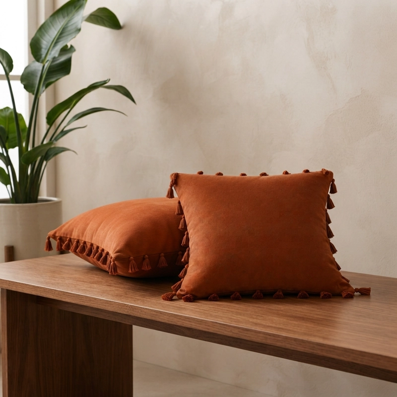 FUNDAS DECORATIVAS PARA COJIN 45X45 CON BORLAS COLOR MARRON PACK 2 - 2