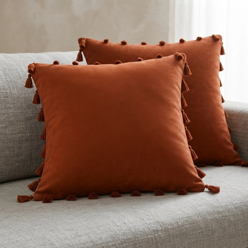 FUNDAS DECORATIVAS PARA COJIN 45X45 CON BORLAS COLOR MARRON PACK 2 - 7