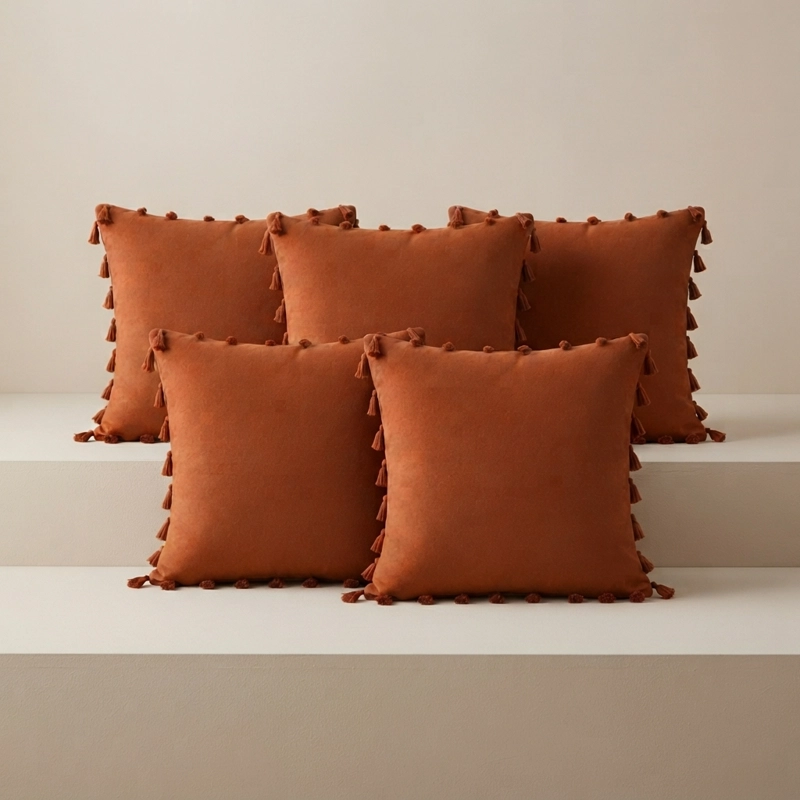 5 FUNDAS PARA COJIN 45X45 CM DECORATIVAS CON BORLA COLOR MARRON - 7