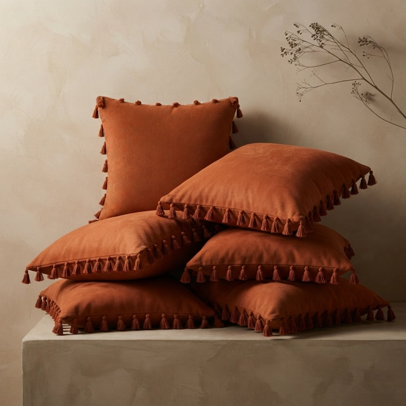5 FUNDAS PARA COJIN 45X45 CM DECORATIVAS CON BORLA COLOR MARRON - 8
