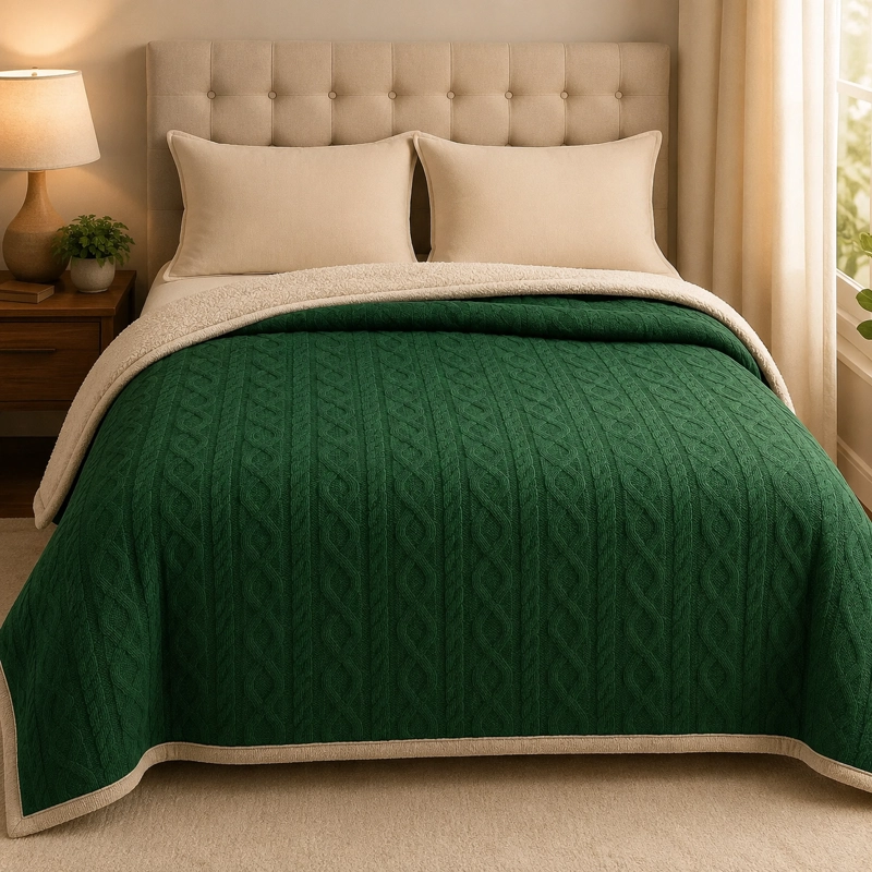 MANTA SUAVE DISEÑO GEOMETRICO VERDE OSCURO 2 PLAZAS SHERPA VERSATIL - 2