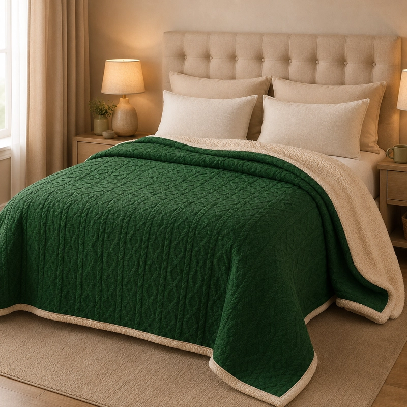 MANTA SUAVE DISEÑO GEOMETRICO VERDE OSCURO 2 PLAZAS SHERPA VERSATIL - 3