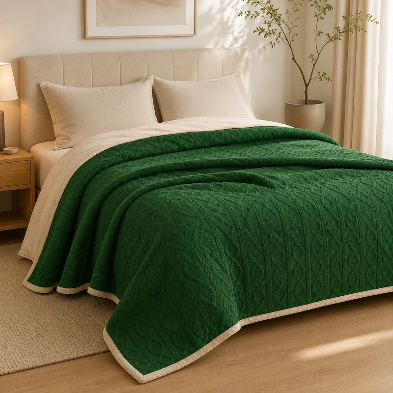 MANTA SUAVE DISEÑO GEOMETRICO VERDE OSCURO 2 PLAZAS SHERPA VERSATIL - 4