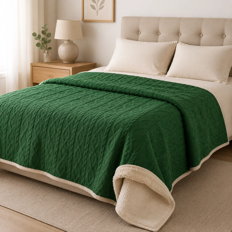 MANTA SUAVE DISEÑO GEOMETRICO VERDE OSCURO 2 PLAZAS SHERPA VERSATIL - 5