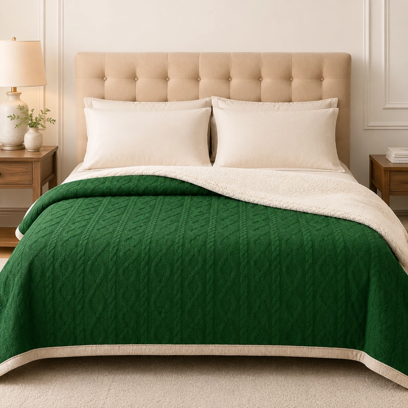 MANTA SUAVE DISEÑO GEOMETRICO VERDE OSCURO 2 PLAZAS SHERPA VERSATIL - 6
