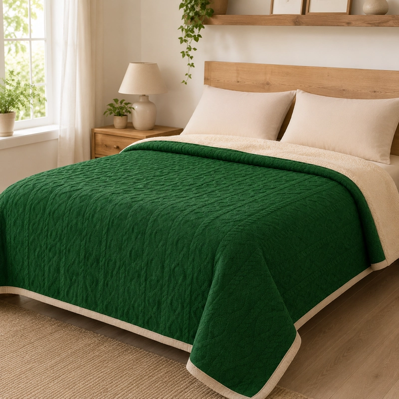 MANTA SUAVE DISEÑO GEOMETRICO VERDE OSCURO 2 PLAZAS SHERPA VERSATIL - 7