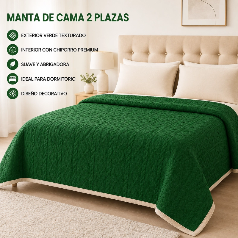 MANTA SUAVE DISEÑO GEOMETRICO VERDE OSCURO 2 PLAZAS SHERPA VERSATIL - 8