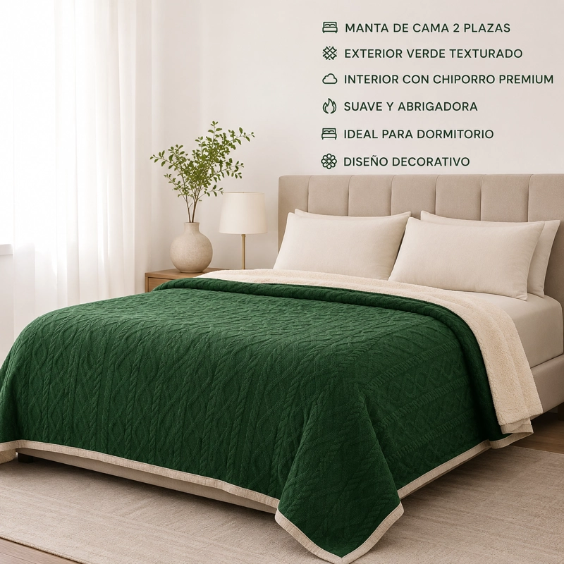 MANTA SUAVE DISEÑO GEOMETRICO VERDE OSCURO 2 PLAZAS SHERPA VERSATIL - 9