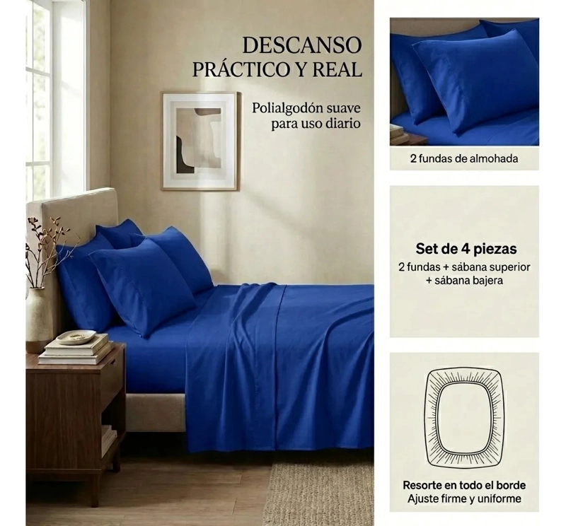 JUEGO DE SABANAS AZUL 2 PLAZAS 4 PIEZAS - 3