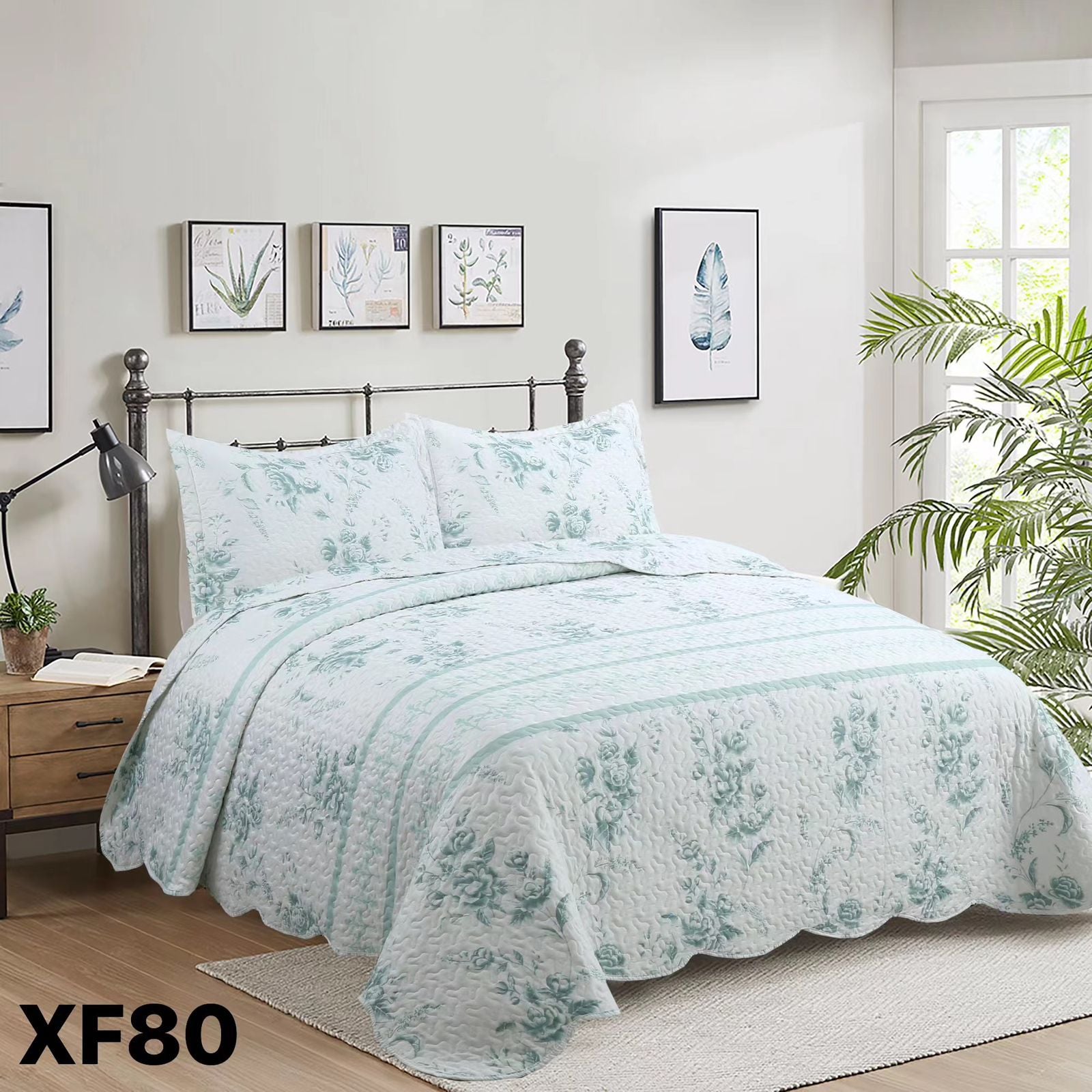 CUBRECAMA QUILT VERANO 1.5 PLAZAS - BLANCO FLORES VERDE AGUA XF80 - 1