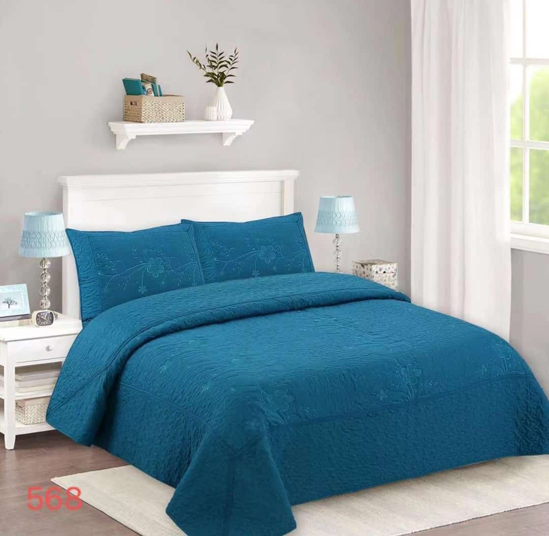 CUBRECAMA QUILT VERANO BORDADO 1.5 PLAZAS - AZUL FLORES 568 - 1