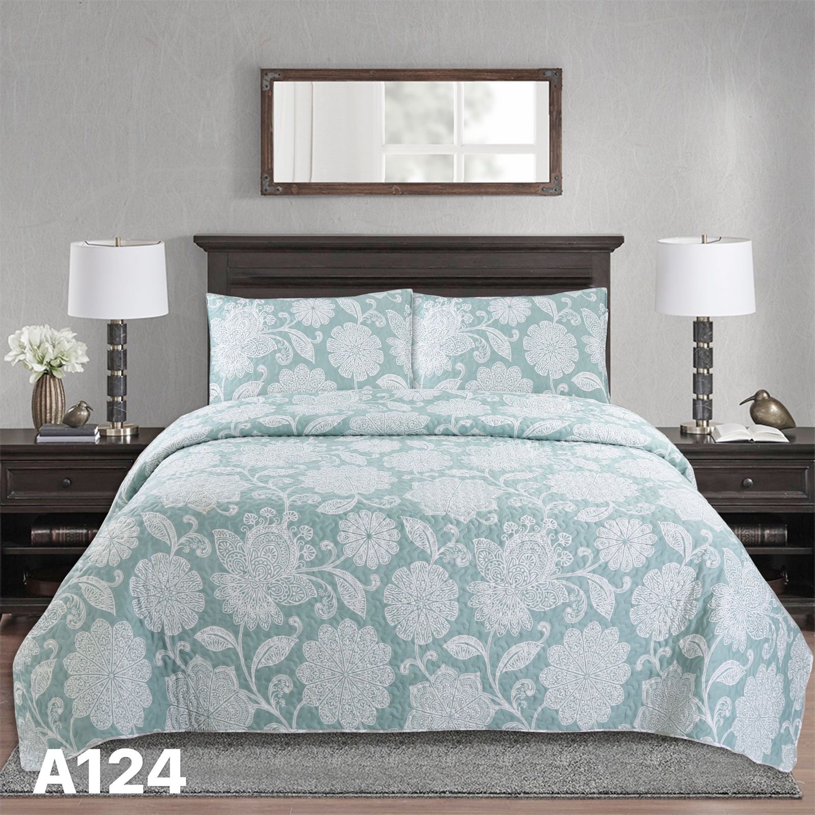 CUBRECAMA QUILT VERANO 1.5 PLAZAS - VERDE AGUA FLORES MÁNDALAS A124 - 1