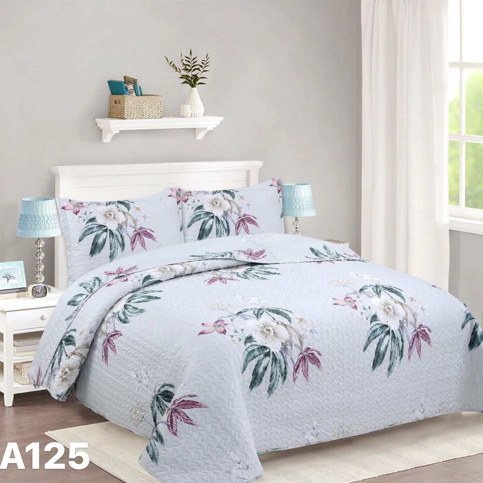 CUBRECAMA QUILT 2 PLAZAS - ROSA BLANCA HOJAS A125 - 1