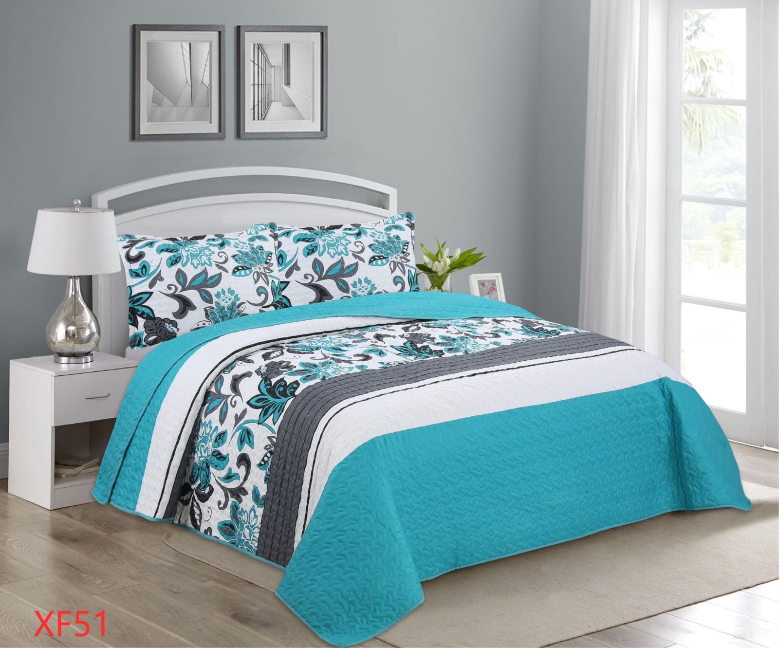 CUBRECAMA QUILT 2 PLAZAS - TURQUESA HOJAS XF51 - 1