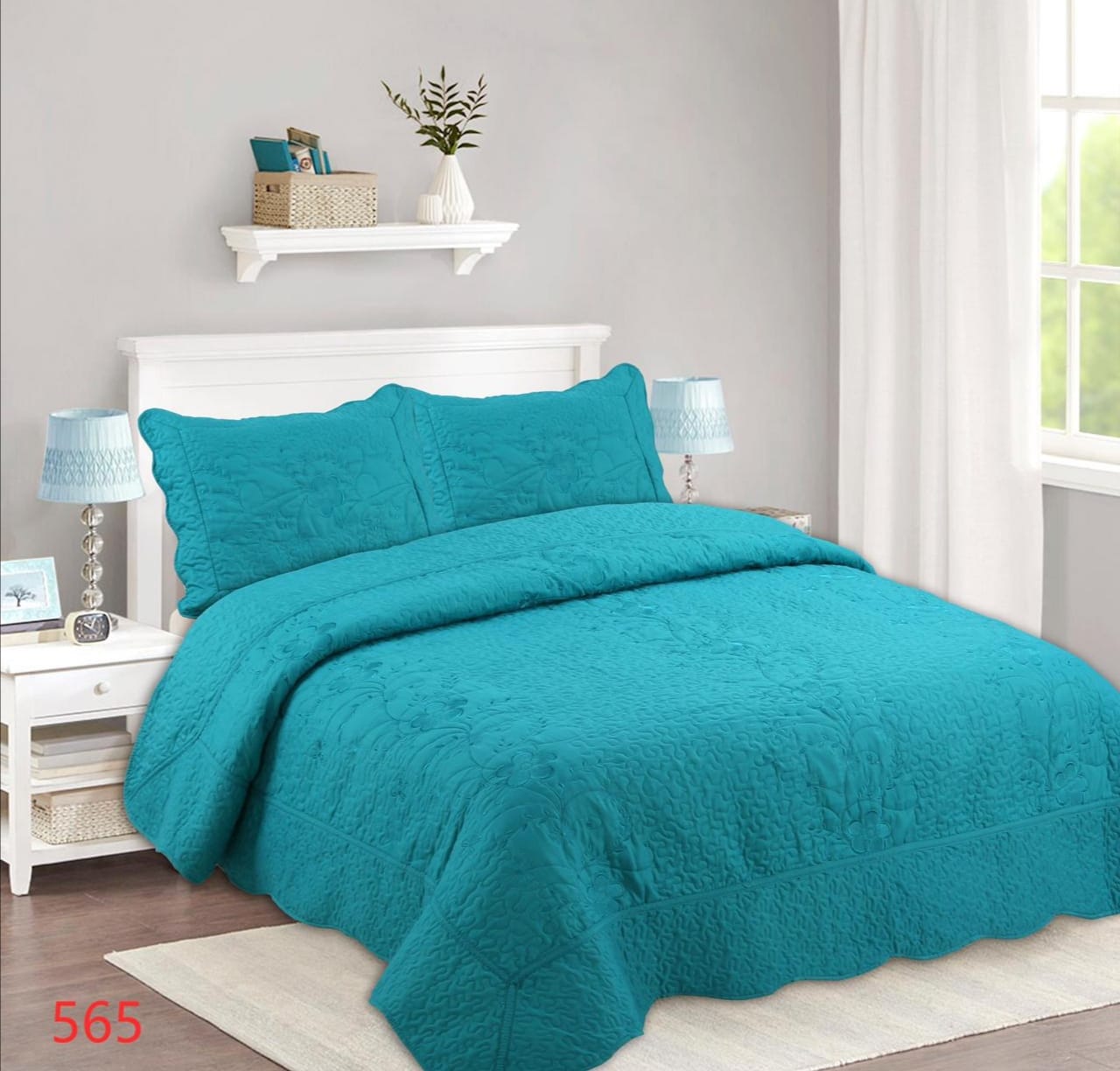 CUBRECAMA QUILT 2 PLAZAS - TURQUESA FLORES BORDADO M565 - 1