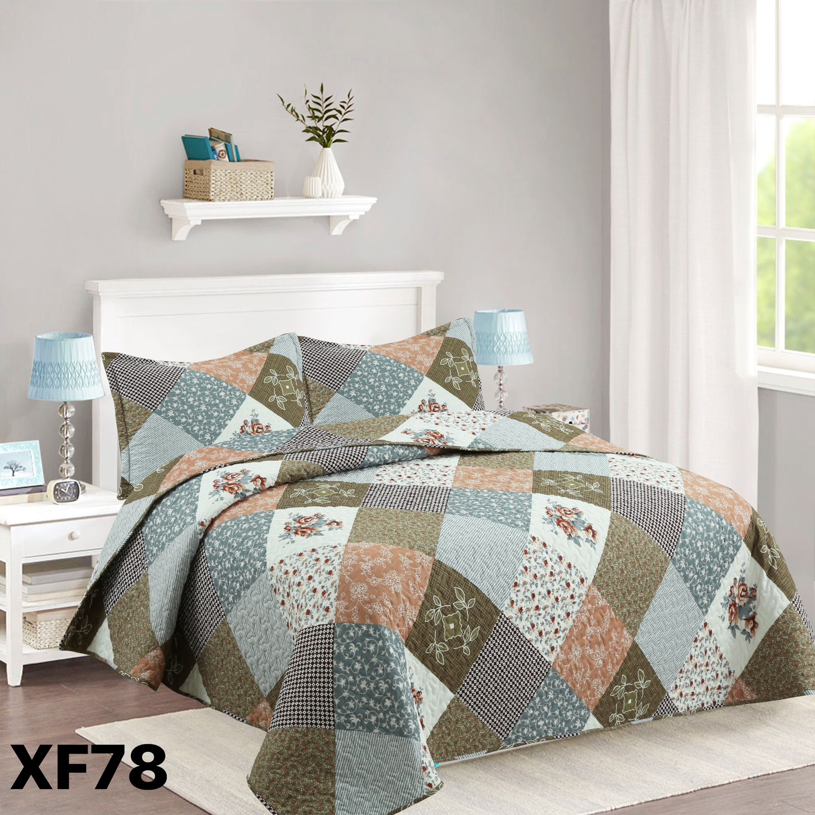 CUBRECAMA QUILT KING - VERDE ROMBO ROSAS XF78 - 1