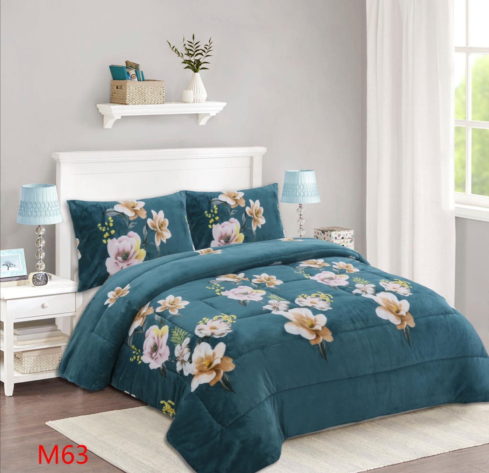 COBERTOR CHIPORRO PLUSH 2 PLAZAS - VERDE FLORES AMARILLAS M63 - 1
