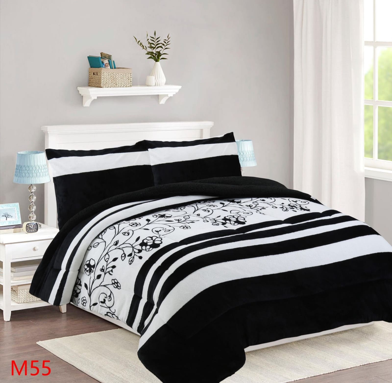 COBERTOR CHIPORRO KING - NEGRO BLANCO FLORES M55 - 1
