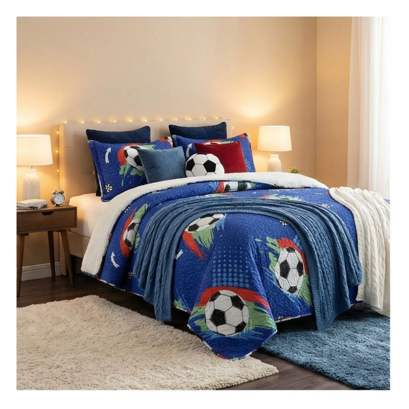 CUBRECAMA 1.5 PLAZAS AZUL QUILT SHERPA MUNDO BALONES M942 - 1