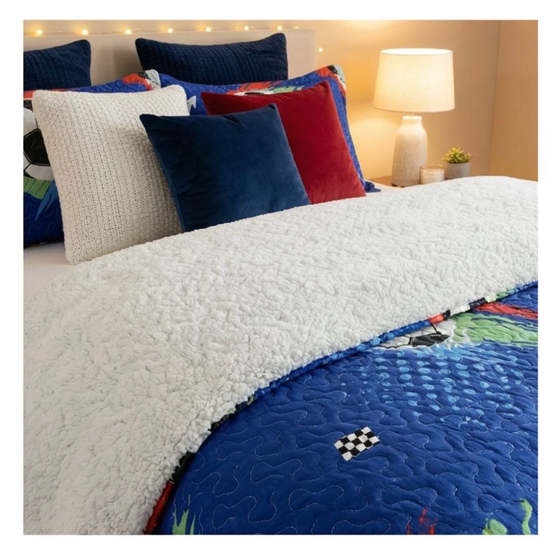 CUBRECAMA 1.5 PLAZAS AZUL QUILT SHERPA MUNDO BALONES M942 - 2
