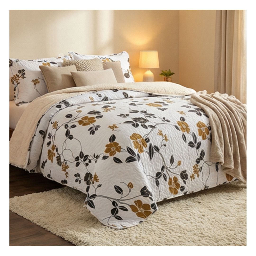 CUBRECAMA 1.5 PLAZA BLANCO QUILT SHERPA HOJAS DORADAS M925 - 1