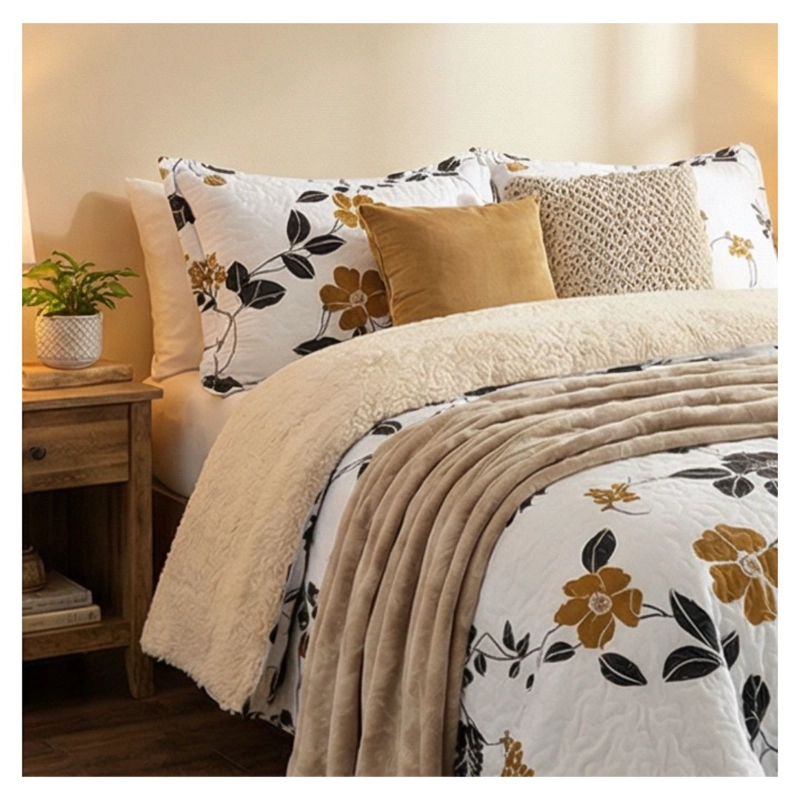 CUBRECAMA 1.5 PLAZA BLANCO QUILT SHERPA HOJAS DORADAS M925 - 2