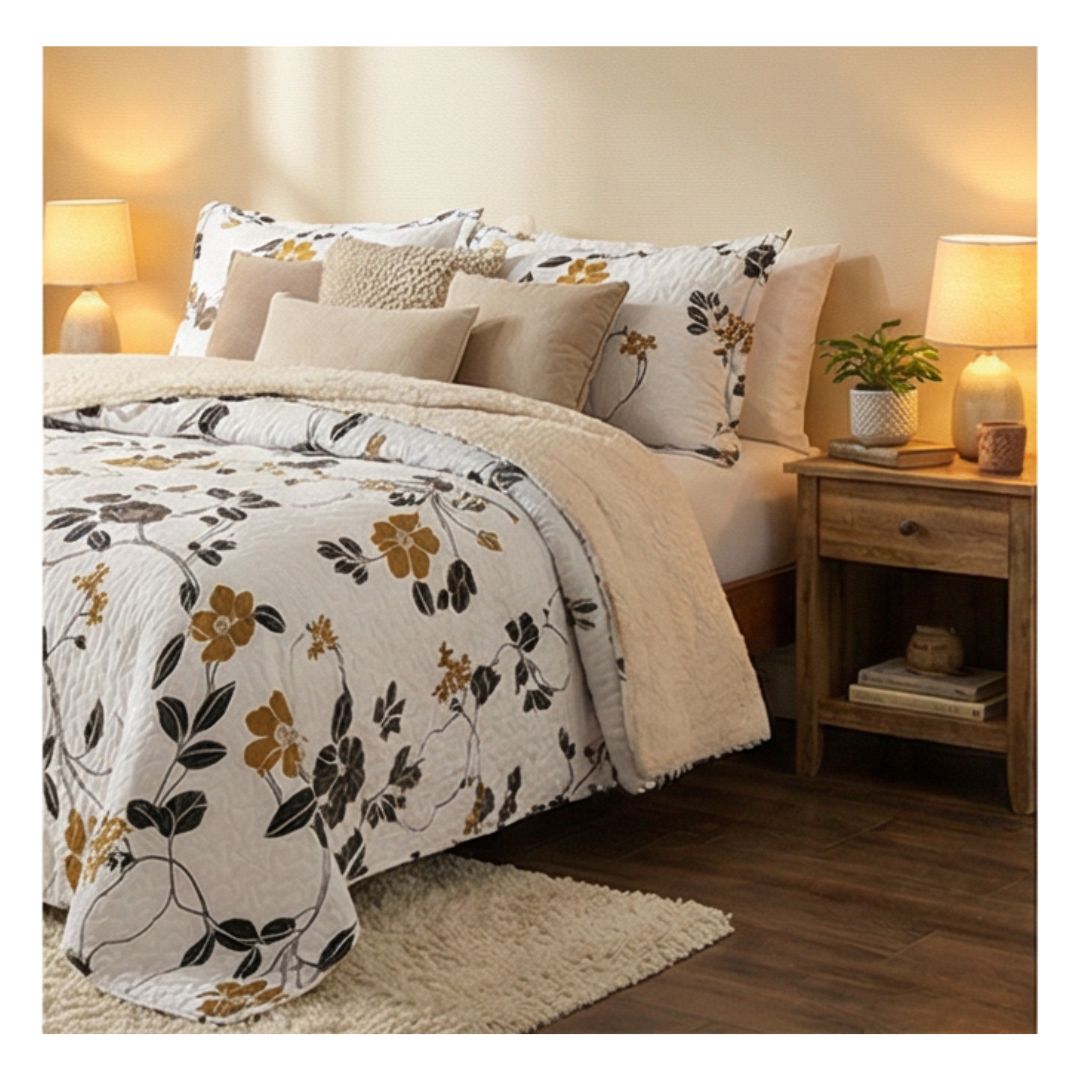 CUBRECAMA 1.5 PLAZA BLANCO QUILT SHERPA HOJAS DORADAS M925 - 3