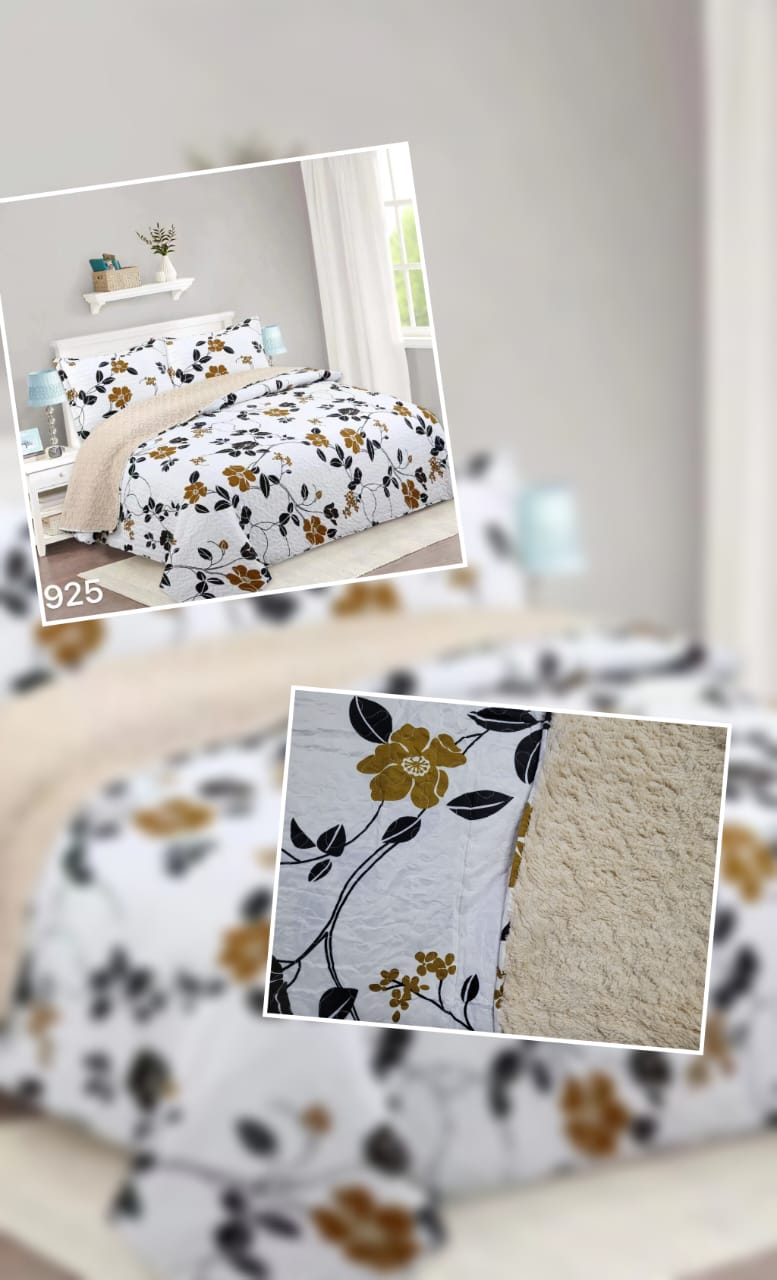 CUBRECAMA 1.5 PLAZA BLANCO QUILT SHERPA HOJAS DORADAS M925 - 4