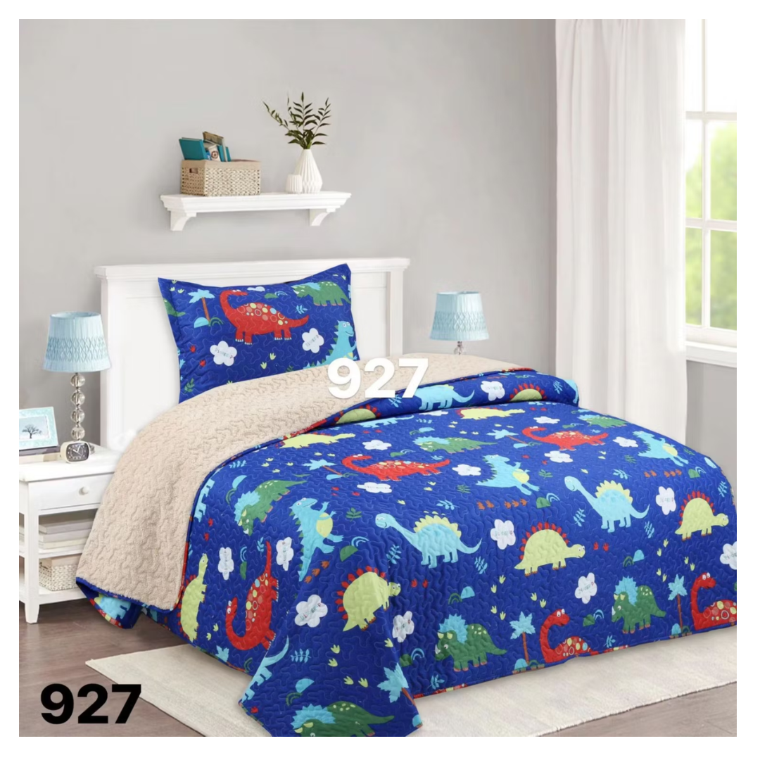 CUBRECAMA 1.5 PLAZA AZUL QUILT SHERPA MUNDO DINOSAURIO M927 - 1