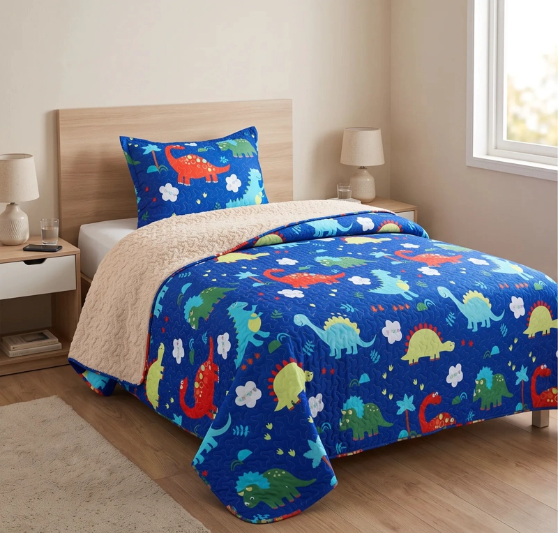 CUBRECAMA 1.5 PLAZA AZUL QUILT SHERPA MUNDO DINOSAURIO M927 - 4