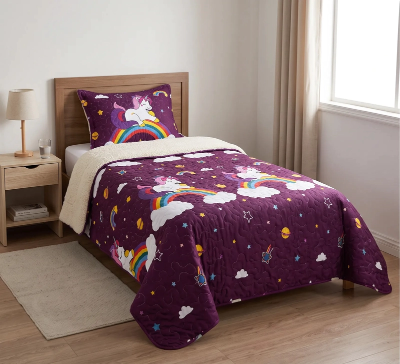 CUBRECAMA 1.5 PLAZA MORADO QUILT SHERPA UNICORNIO M926 - 1