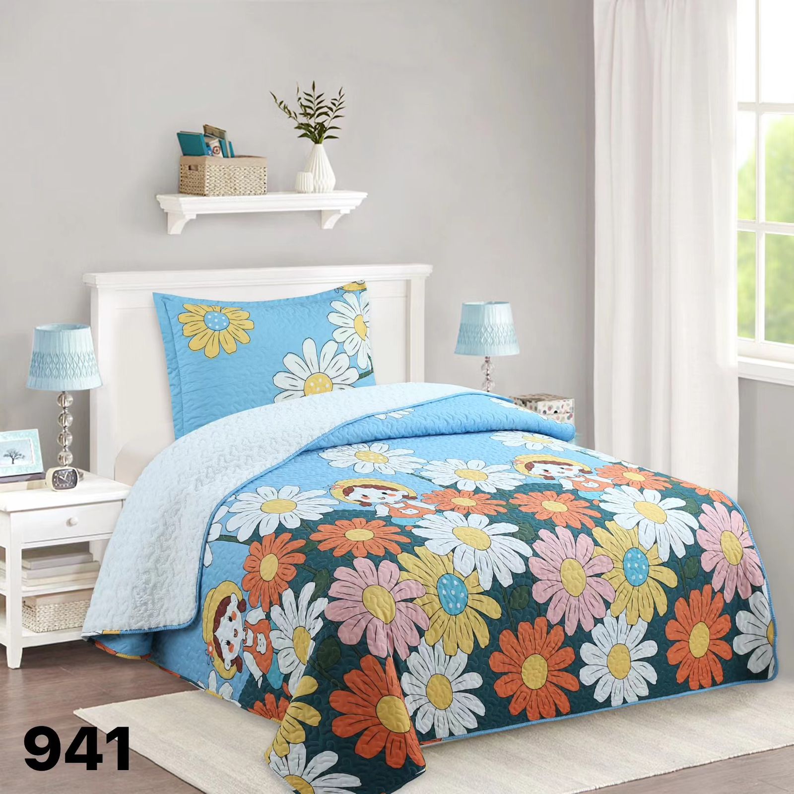 CUBRECAMA 1.5 PLAZAS CELESTE QUILT SHERPA MUNDO FLORAL MICHELLE M941 - 1