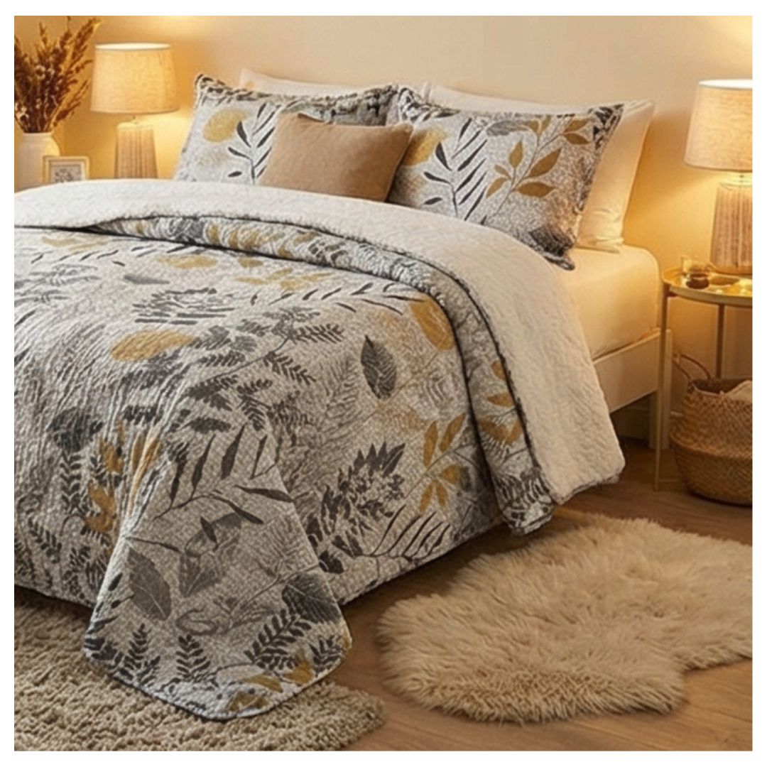 CUBRECAMA 1.5 PLAZAS GRIS QUILT SHERPA HOJAS DORADAS M911 - 1