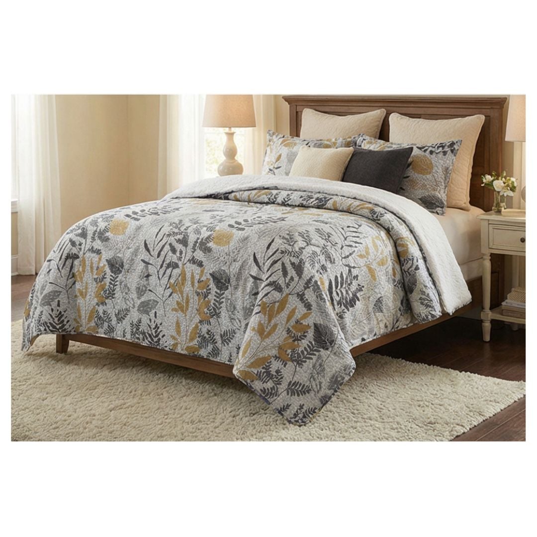 CUBRECAMA 1.5 PLAZAS GRIS QUILT SHERPA HOJAS DORADAS M911 - 3