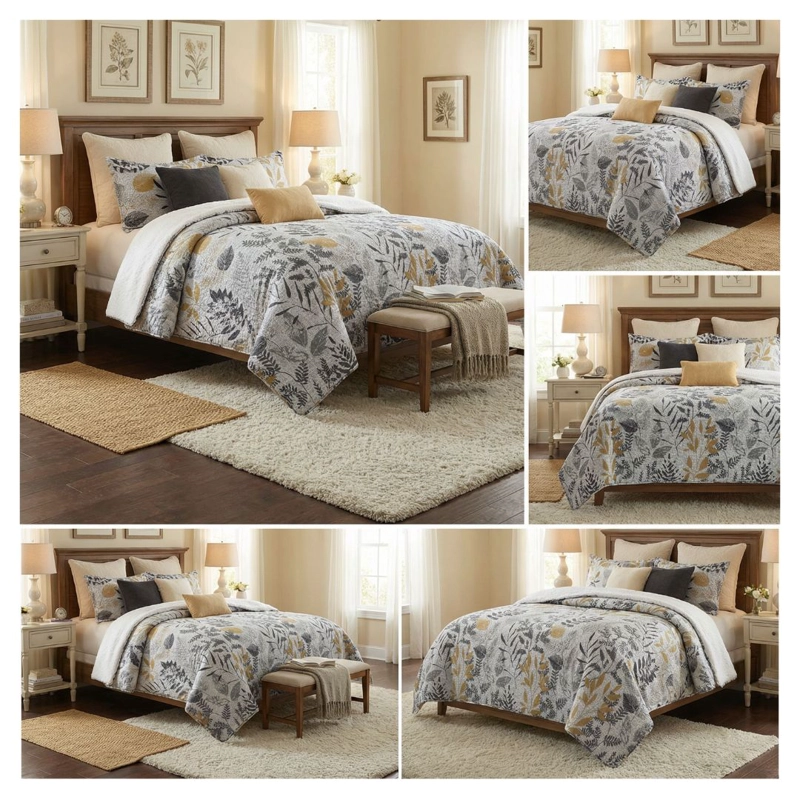 CUBRECAMA 1.5 PLAZAS GRIS QUILT SHERPA HOJAS DORADAS M911 - 4