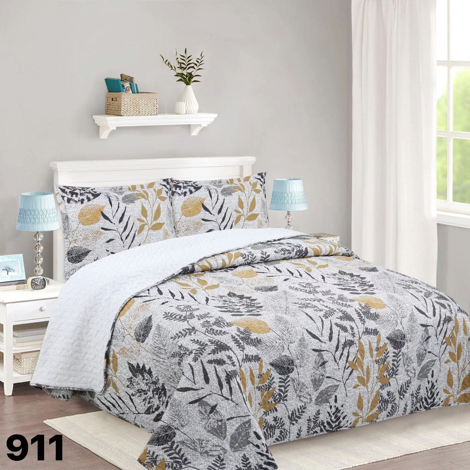 CUBRECAMA 1.5 PLAZAS GRIS QUILT SHERPA HOJAS DORADAS M911 - 5