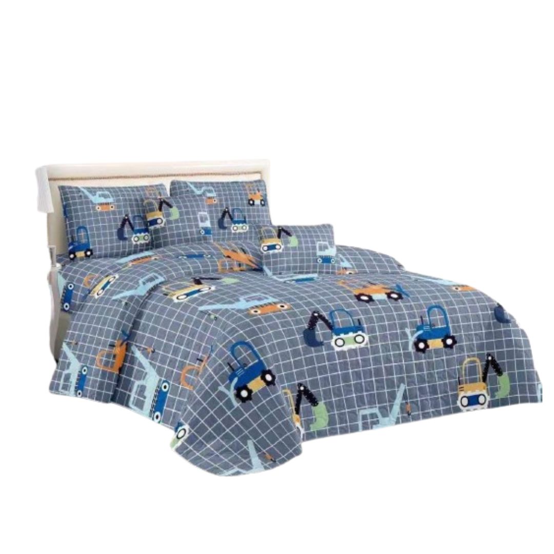 CUBRECAMA GRIS QUILT VERANO INFANTIL 1.5 PLAZAS MÁQUINA RETROEXCAVADORA - 1