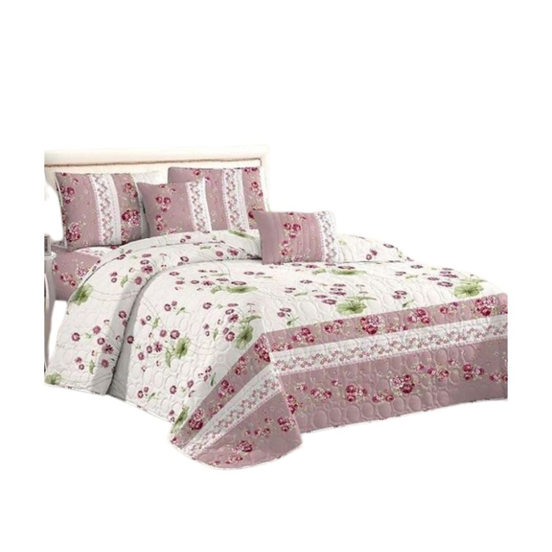 CUBRECAMA CREMA QUILT VERANO 2 PLAZAS FLORES ROSA KFL957 - 1